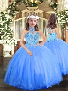Sleeveless Floor Length Appliques Lace Up Little Girls Pageant Gowns with Blue