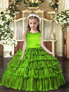 Olive Green Lace Up Pageant Dress Womens Sleeveless Floor Length Ruffled Layers