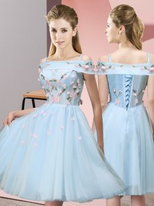 Gorgeous Off The Shoulder Short Sleeves Lace Up Dama Dress Light Blue Tulle