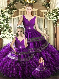 Hot Sale V-neck Sleeveless Ball Gown Prom Dress Floor Length Beading and Embroidery and Ruffles Purple Organza
