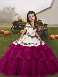 Fuchsia Tulle Lace Up Straps Sleeveless Floor Length Little Girls Pageant Dress Embroidery and Ruffled Layers