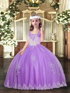 Lavender Lace Up Little Girls Pageant Gowns Appliques Sleeveless Floor Length
