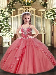 Pink Ball Gowns Straps Sleeveless Tulle Floor Length Lace Up Beading and Ruffles Pageant Dress Womens