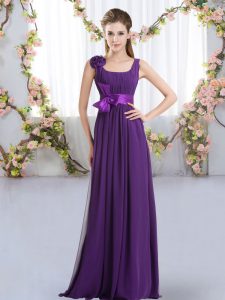 Purple Sleeveless Floor Length Belt and Hand Made Flower Zipper Dama Dress for Quinceanera