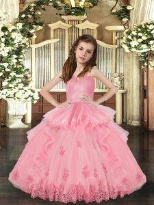 Baby Pink Ball Gowns Tulle Straps Sleeveless Lace and Appliques Floor Length Lace Up Child Pageant Dress