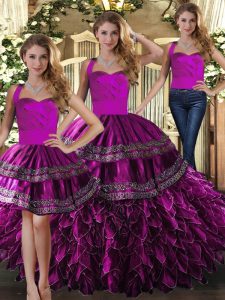 Fuchsia Three Pieces Organza Halter Top Sleeveless Embroidery and Ruffles Floor Length Lace Up Quinceanera Gown