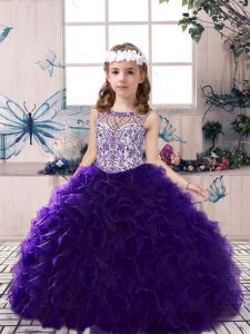 Purple Ball Gowns Scoop Sleeveless Organza Floor Length Lace Up Beading and Ruffles Custom Made Pageant Dress