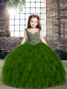 Olive Green Tulle Lace Up Straps Sleeveless Floor Length Little Girl Pageant Gowns Beading and Ruffles