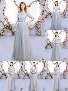 Fantastic Grey Empire Tulle High-neck Half Sleeves Lace and Belt Floor Length Zipper Dama Dress for Quinceanera