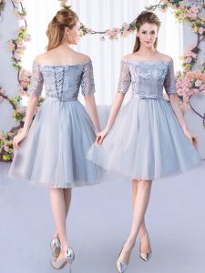 Grey Lace Up Off The Shoulder Lace and Belt Quinceanera Dama Dress Tulle Short Sleeves
