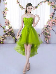 High Low A-line Sleeveless Olive Green Dama Dress for Quinceanera Lace Up