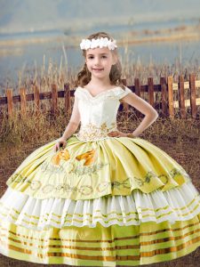 Satin Off The Shoulder Sleeveless Lace Up Embroidery Pageant Gowns in Yellow