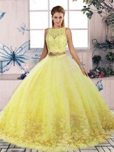 Colorful Yellow Sleeveless Tulle Sweep Train Backless Quinceanera Dresses for Military Ball and Sweet 16 and Quinceanera