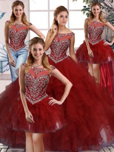 Flirting Burgundy Ball Gowns Scoop Sleeveless Organza Floor Length Zipper Beading and Ruffles Sweet 16 Dresses