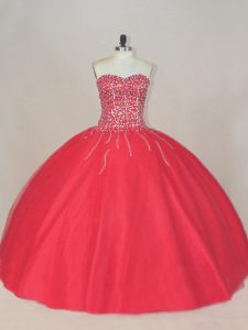 Tulle Sweetheart Sleeveless Lace Up Beading Quinceanera Gown in Coral Red