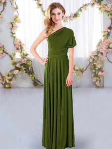 Beautiful Olive Green One Shoulder Neckline Ruching Dama Dress for Quinceanera Sleeveless Criss Cross