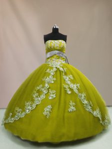 Olive Green Ball Gowns Strapless Sleeveless Tulle Floor Length Lace Up Appliques Sweet 16 Dress
