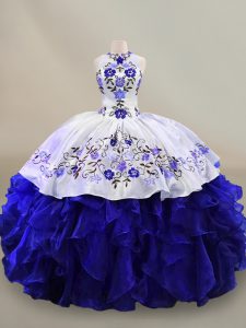 Adorable Ball Gowns Quinceanera Dress Blue And White Halter Top Organza Sleeveless Floor Length Lace Up