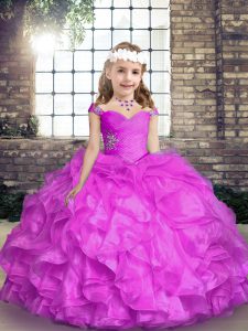 Hot Selling Lilac Girls Pageant Dresses Party and Sweet 16 and Wedding Party with Beading and Ruffles Straps Sleeveless Lace Up