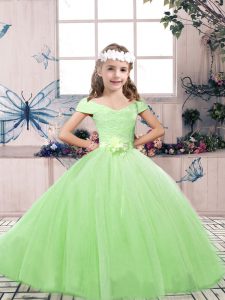 Flirting Off The Shoulder Sleeveless Child Pageant Dress Floor Length Lace and Belt Tulle