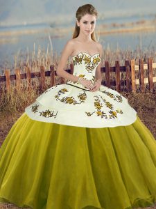 Elegant Sweetheart Sleeveless Sweet 16 Quinceanera Dress Floor Length Embroidery and Bowknot Olive Green Tulle