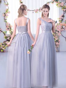 Smart Tulle V-neck Sleeveless Side Zipper Lace and Belt Court Dresses for Sweet 16 in Grey