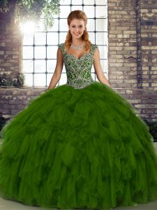 Enchanting Beading and Ruffles Sweet 16 Dress Olive Green Lace Up Sleeveless Floor Length
