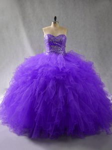 High End Sleeveless Floor Length Beading and Ruffles Lace Up Quinceanera Gown with Purple