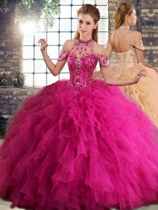 Sweet Fuchsia Halter Top Lace Up Beading and Ruffles Quinceanera Dresses Sleeveless