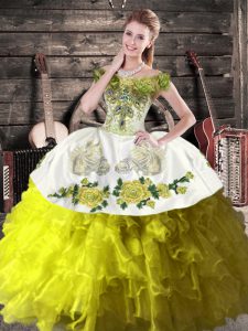 Custom Designed Organza Off The Shoulder Sleeveless Lace Up Ruffles Quinceanera Dress in Olive Green