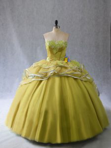 Adorable Olive Green Ball Gowns Tulle Sweetheart Sleeveless Appliques and Ruffles Lace Up Vestidos de Quinceanera Brush Train