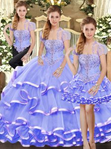 Three Pieces Quince Ball Gowns Lavender Strapless Organza Sleeveless Floor Length Lace Up