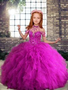 Admirable Floor Length Lace Up Custom Made Pageant Dress Fuchsia for Party and Wedding Party with Beading and Ruffles