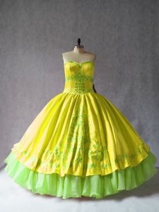 Yellow Sleeveless Satin and Organza Lace Up Quinceanera Gown for Sweet 16 and Quinceanera