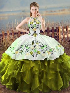 Hot Sale Halter Top Sleeveless Lace Up Quinceanera Gowns Olive Green Organza