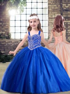 High End Ball Gowns Girls Pageant Dresses Royal Blue Straps Tulle Sleeveless Floor Length Lace Up