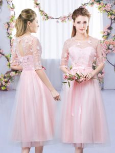 Wonderful Empire Dama Dress for Quinceanera Baby Pink Scoop Tulle Half Sleeves Tea Length Lace Up