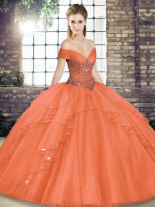 Hot Sale Beading and Ruffles Sweet 16 Dresses Orange Red Lace Up Sleeveless Floor Length