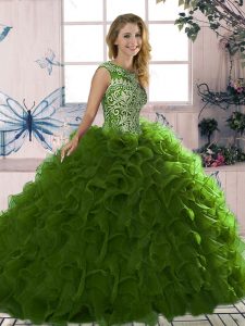 Olive Green Sleeveless Organza Lace Up Sweet 16 Dress for Military Ball and Sweet 16 and Quinceanera