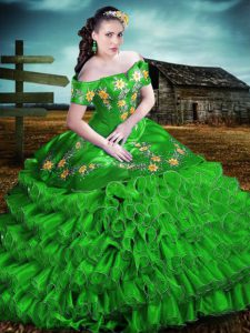 Floor Length Lace Up Sweet 16 Dresses Green for Sweet 16 and Quinceanera with Embroidery and Ruffles