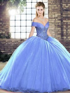 Sweet Lavender Sleeveless Organza Brush Train Lace Up Ball Gown Prom Dress for Military Ball and Sweet 16 and Quinceanera