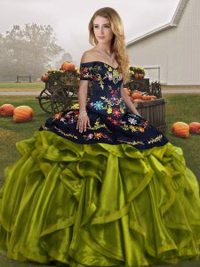 Elegant Sleeveless Floor Length Embroidery and Ruffles Lace Up 15 Quinceanera Dress with Olive Green