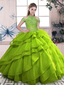Custom Made Olive Green Ball Gowns Organza High-neck Sleeveless Beading and Ruffled Layers Floor Length Lace Up Vestidos de Quinceanera
