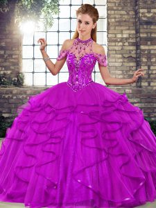 Halter Top Sleeveless Sweet 16 Quinceanera Dress Floor Length Beading and Ruffles Purple Tulle
