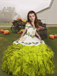 Excellent Floor Length Olive Green Girls Pageant Dresses Organza Sleeveless Embroidery and Ruffles