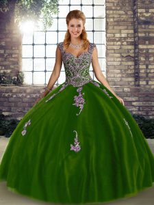Floor Length Lace Up Quinceanera Gown Olive Green for Military Ball and Sweet 16 and Quinceanera with Beading and Appliques