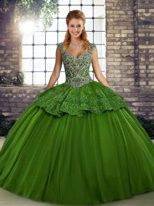 Beautiful Floor Length Green Quinceanera Gowns Straps Sleeveless Lace Up