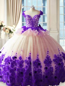 White And Purple Ball Gowns Scoop Sleeveless Tulle Brush Train Zipper Hand Made Flower 15th Birthday Dress