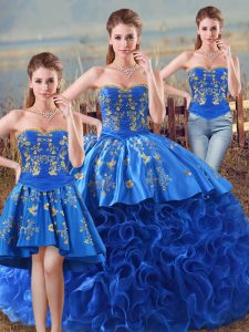 Clearance Royal Blue Ball Gowns Sweetheart Sleeveless Fabric With Rolling Flowers Floor Length Lace Up Embroidery and Ruffles Quinceanera Dresses