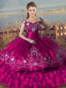 Ideal Fuchsia Lace Up Off The Shoulder Embroidery and Ruffled Layers Quinceanera Gown Satin and Organza Sleeveless